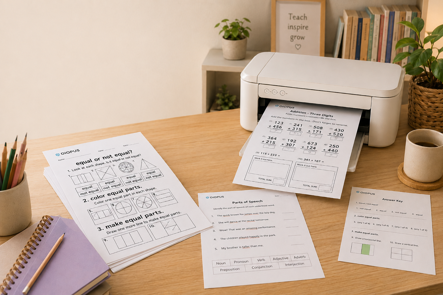 A printer producing a fresh OIOPUS math worksheet on a tidy desk