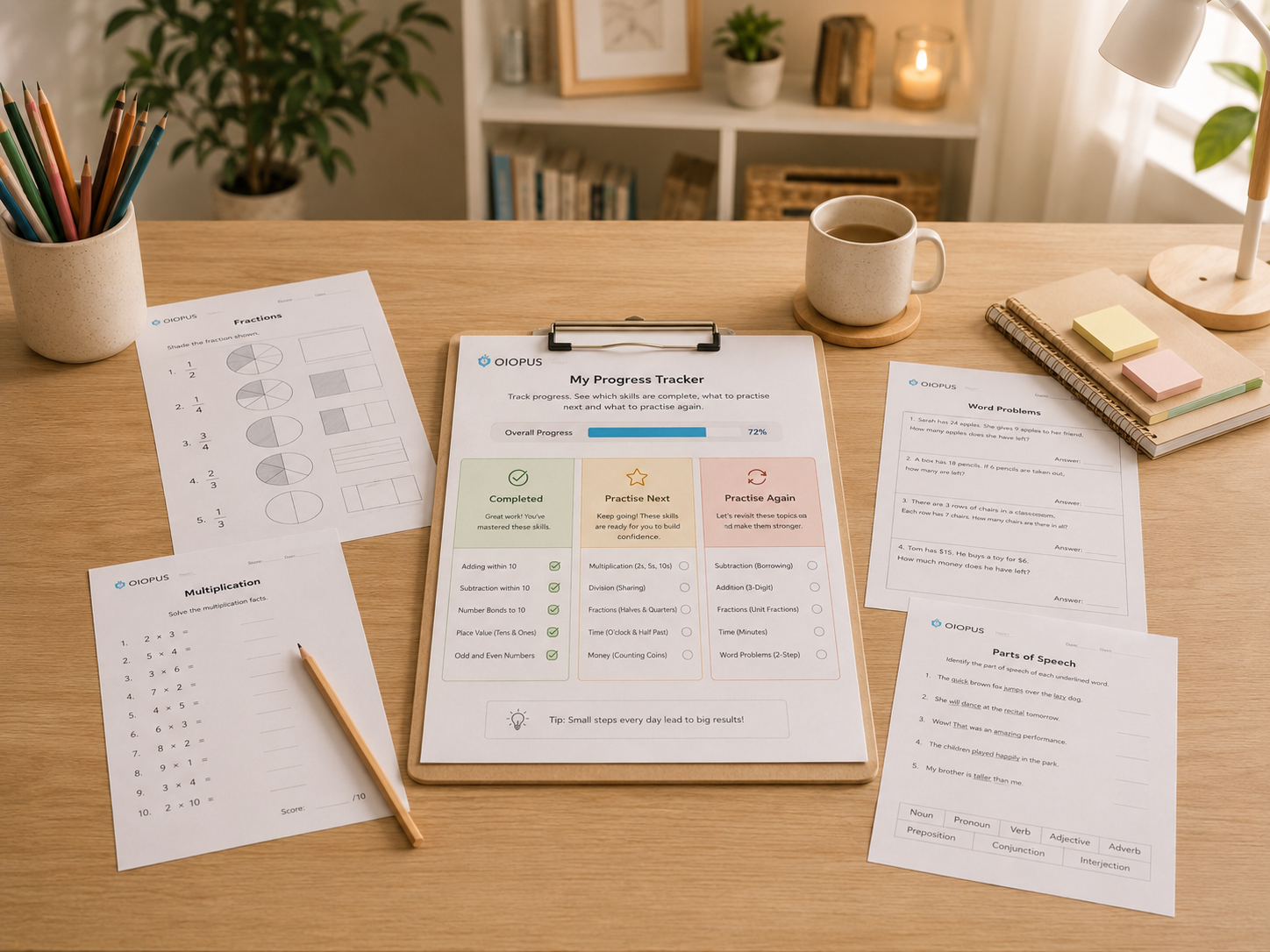 A printable progress tracker clipboard showing completed and upcoming skills