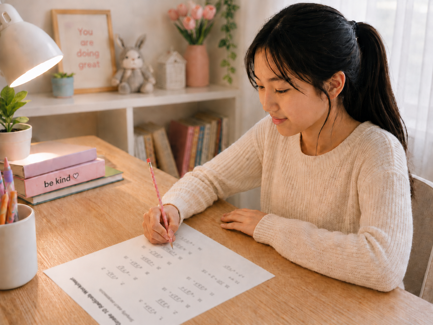 A high-school student working through a Grade 10 radicals worksheet