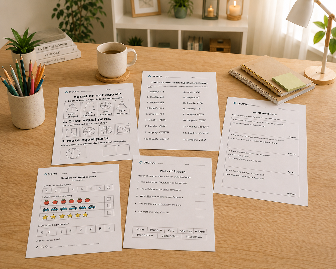 A variety of unique printable worksheets scattered across a desk